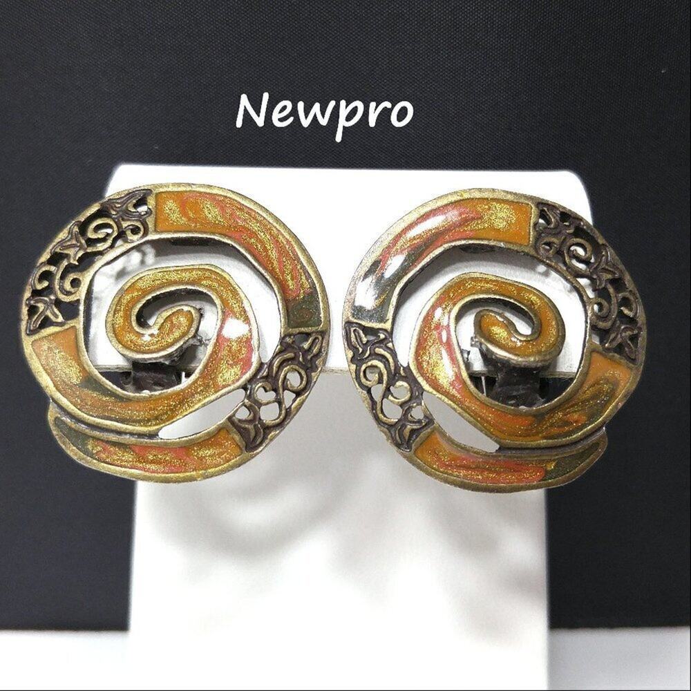 Vintage Newpro Enamel Earrings, Clip On, Openwork Spirals, Vintage Jewelry